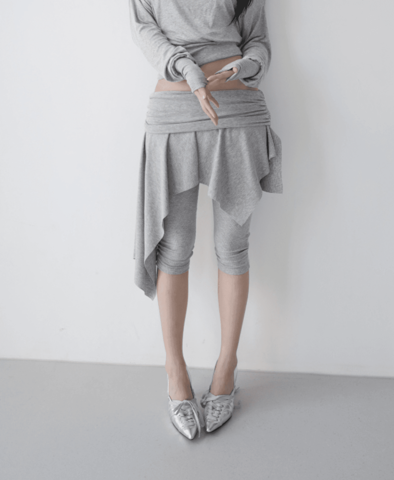 가을 발레 바람 한국 고유 한 디자인 불규칙 밑단 페이크 레이어드 7 분 레깅스 바지 타이트 팬츠 이미지 3