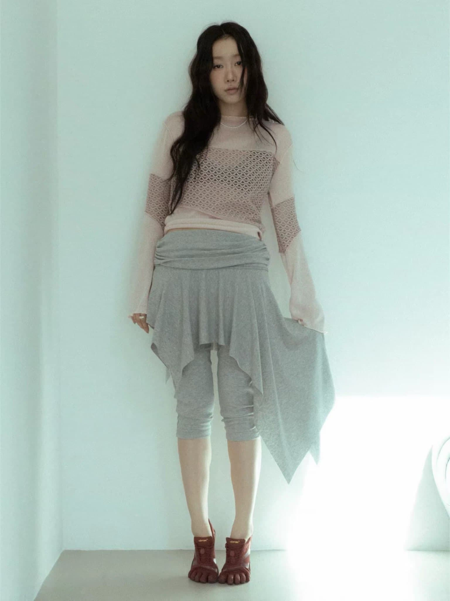 가을 발레 바람 한국 고유 한 디자인 불규칙 밑단 페이크 레이어드 7 분 레깅스 바지 타이트 팬츠 상세 이미지 5