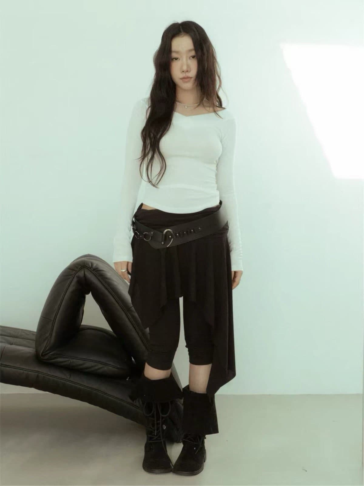 가을 발레 바람 한국 고유 한 디자인 불규칙 밑단 페이크 레이어드 7 분 레깅스 바지 타이트 팬츠 상세 이미지 6