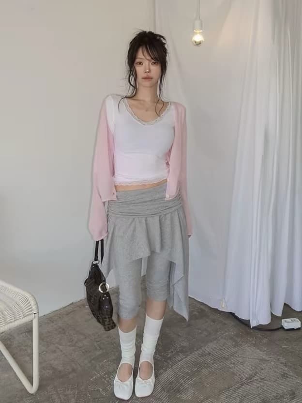 가을 발레 바람 한국 고유 한 디자인 불규칙 밑단 페이크 레이어드 7 분 레깅스 바지 타이트 팬츠 상세 이미지 25