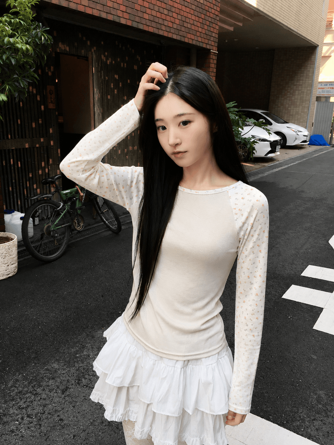 가을 한국 소녀 귀여운 레트로 배색 작은 깨진 플라워 인서트 어깨 소매 길이 소매 티셔츠 맨위 일본식 기본 셔츠 상세 이미지 19