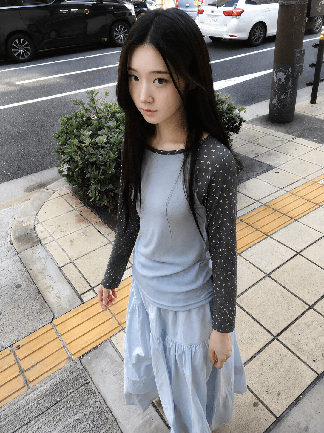가을 한국 소녀 귀여운 레트로 배색 작은 깨진 플라워 인서트 어깨 소매 길이 소매 티셔츠 맨위 일본식 기본 셔츠 상세 이미지 20