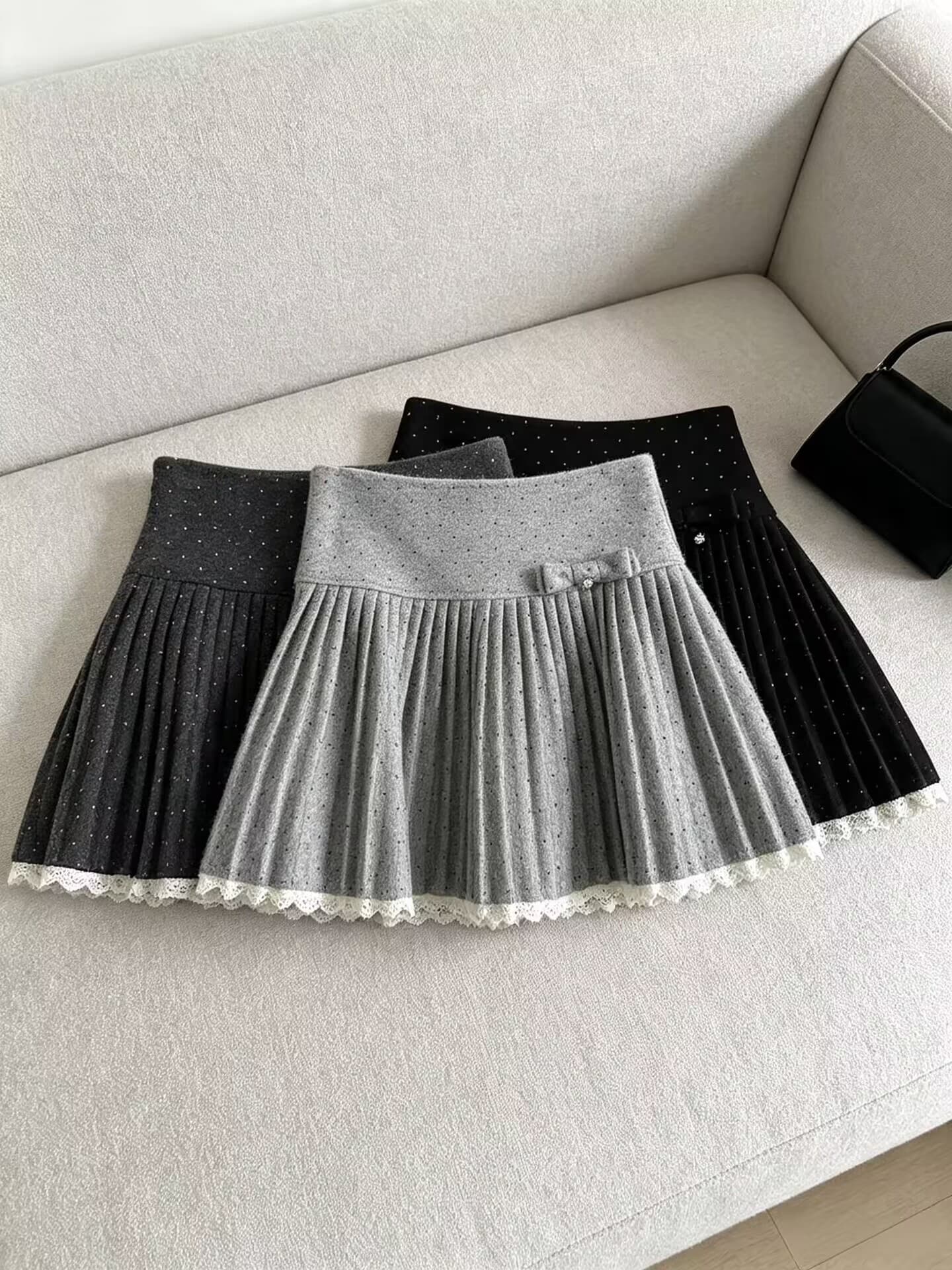실사 가을 겨울 새로운 플리츠 도트 무늬 한 마디 반신 스커트 나비 매듭 장식 학원 스타일 미니 스커트 여성 상세 이미지 14