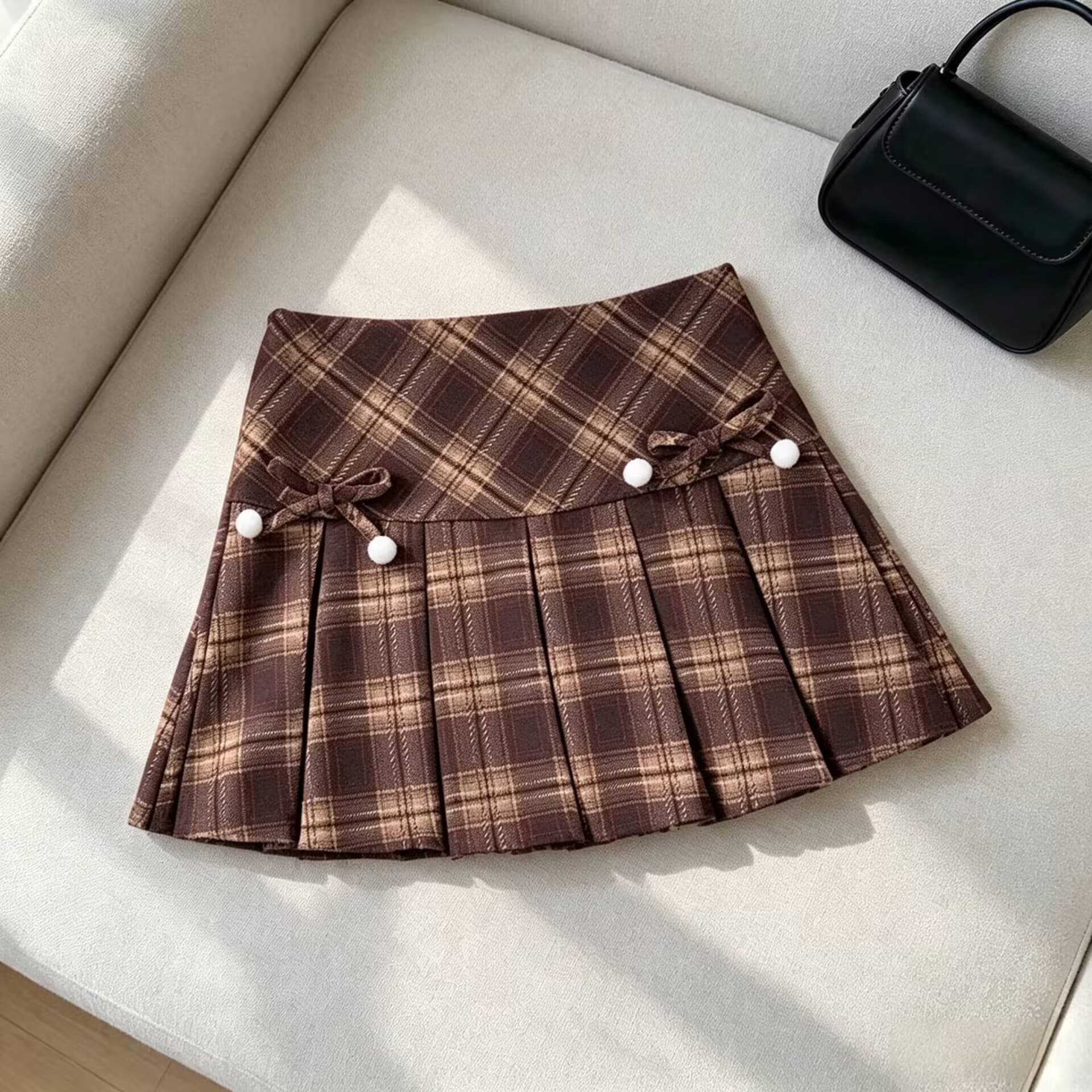 아메리칸 체크무늬 반신 스커트 여성 가을 겨울 나비 매듭 한 마디 슬림해 보이는 플리츠 스커트 핫걸 미니 스커트 A라인 스커트 여성 상세 이미지 5