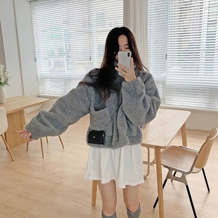 한국 chic 가을 겨울 새로운 레트로 반하이넥 당겨서 사슬 빅 포켓 다용도 두꺼운 보온 양털 재킷 상세 이미지 1