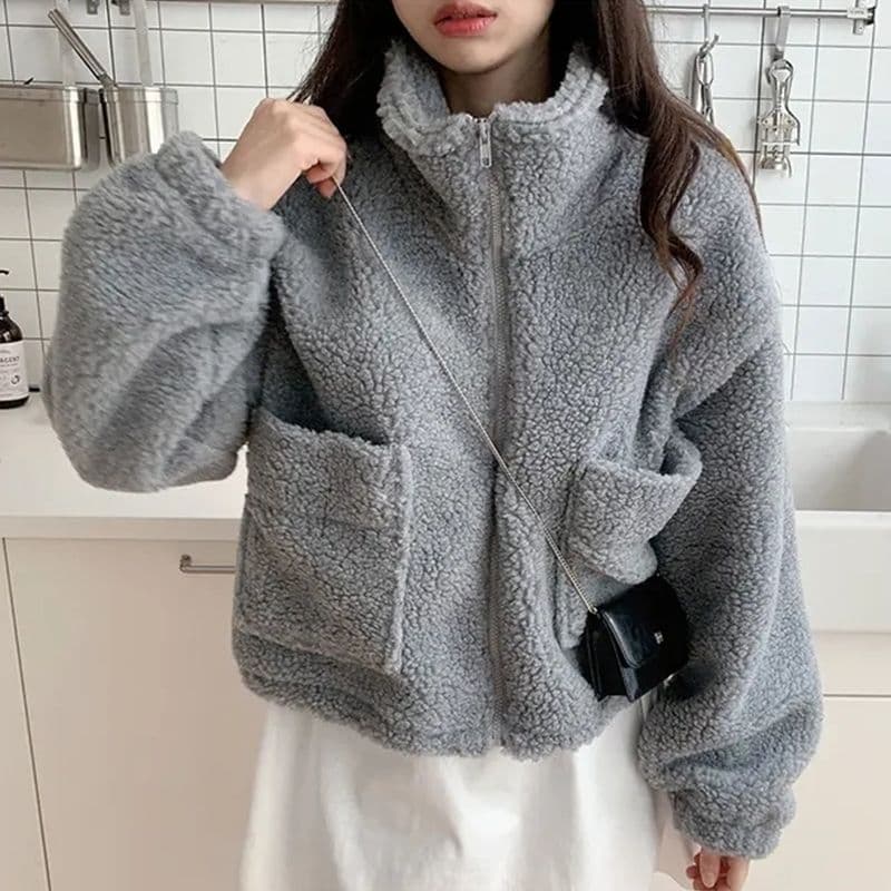 한국 chic 가을 겨울 새로운 레트로 반하이넥 당겨서 사슬 빅 포켓 다용도 두꺼운 보온 양털 재킷 상세 이미지 2