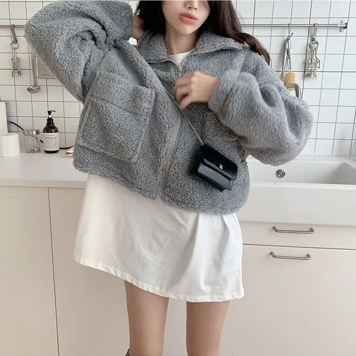 한국 chic 가을 겨울 새로운 레트로 반하이넥 당겨서 사슬 빅 포켓 다용도 두꺼운 보온 양털 재킷 상세 이미지 3