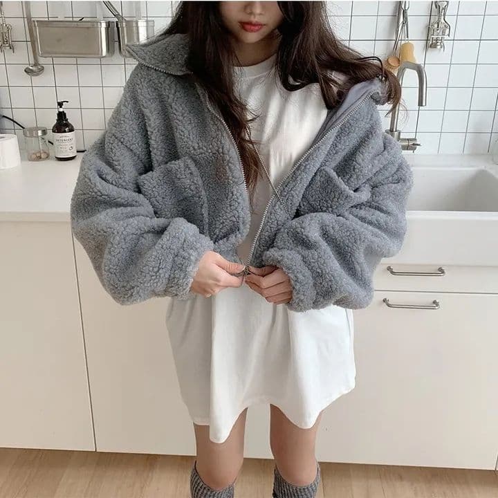 한국 chic 가을 겨울 새로운 레트로 반하이넥 당겨서 사슬 빅 포켓 다용도 두꺼운 보온 양털 재킷 상세 이미지 4