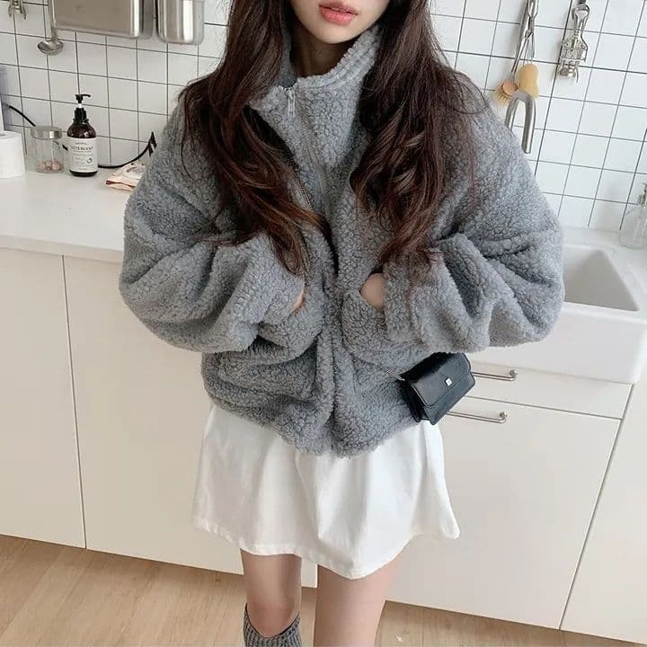 한국 chic 가을 겨울 새로운 레트로 반하이넥 당겨서 사슬 빅 포켓 다용도 두꺼운 보온 양털 재킷 상세 이미지 5