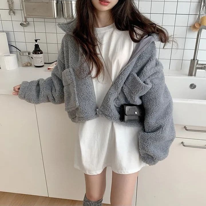 한국 chic 가을 겨울 새로운 레트로 반하이넥 당겨서 사슬 빅 포켓 다용도 두꺼운 보온 양털 재킷 상세 이미지 7
