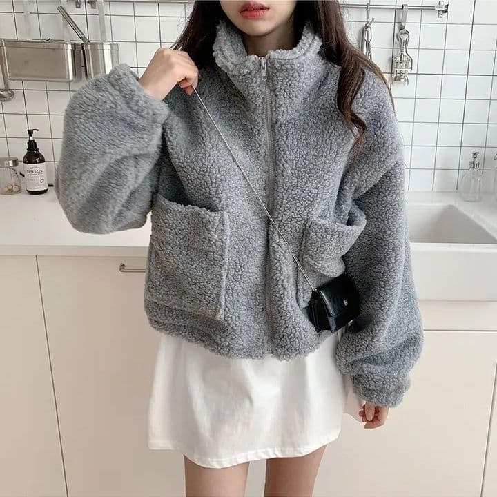 한국 chic 가을 겨울 새로운 레트로 반하이넥 당겨서 사슬 빅 포켓 다용도 두꺼운 보온 양털 재킷 상세 이미지 8