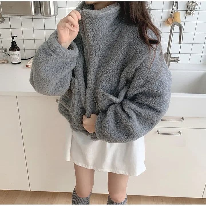 한국 chic 가을 겨울 새로운 레트로 반하이넥 당겨서 사슬 빅 포켓 다용도 두꺼운 보온 양털 재킷 상세 이미지 10