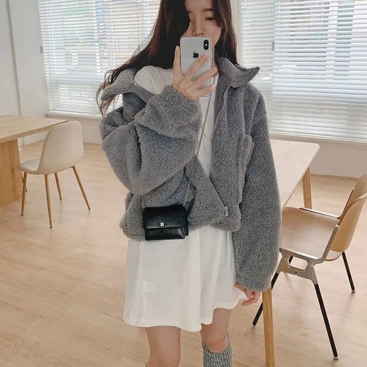 한국 chic 가을 겨울 새로운 레트로 반하이넥 당겨서 사슬 빅 포켓 다용도 두꺼운 보온 양털 재킷 상세 이미지 11