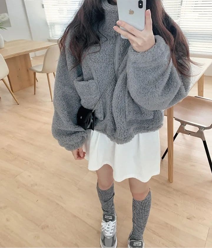한국 chic 가을 겨울 새로운 레트로 반하이넥 당겨서 사슬 빅 포켓 다용도 두꺼운 보온 양털 재킷 상세 이미지 13