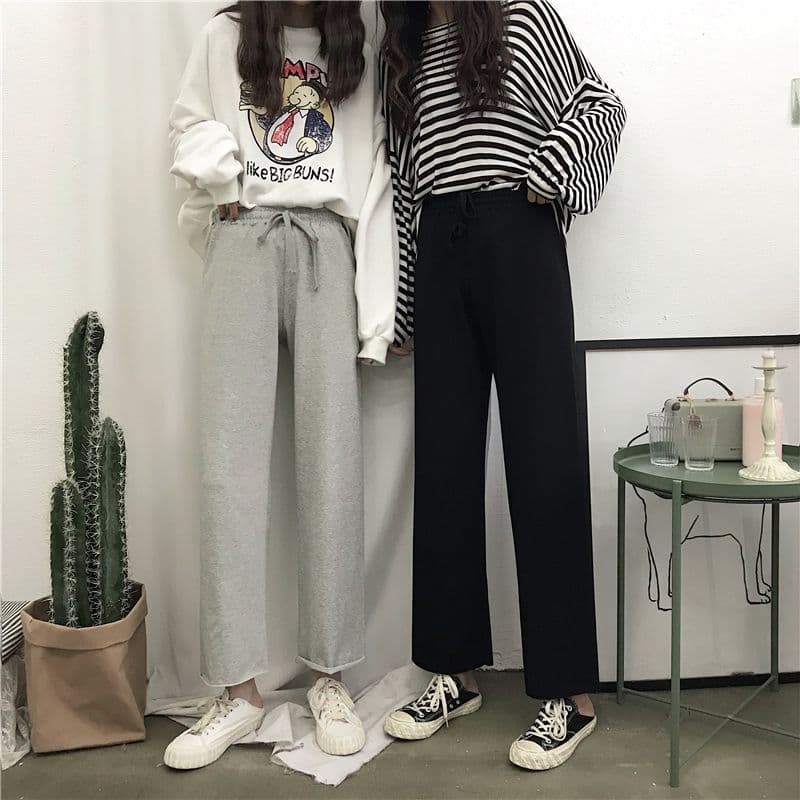 봄 새로운 한국 스타일 얇은 스타일 캐주얼 바지 루즈핏 슬림해 보이는 허리밴드 학생 다용도 스트레이트 와이드 레깅스 바지 이미지 2