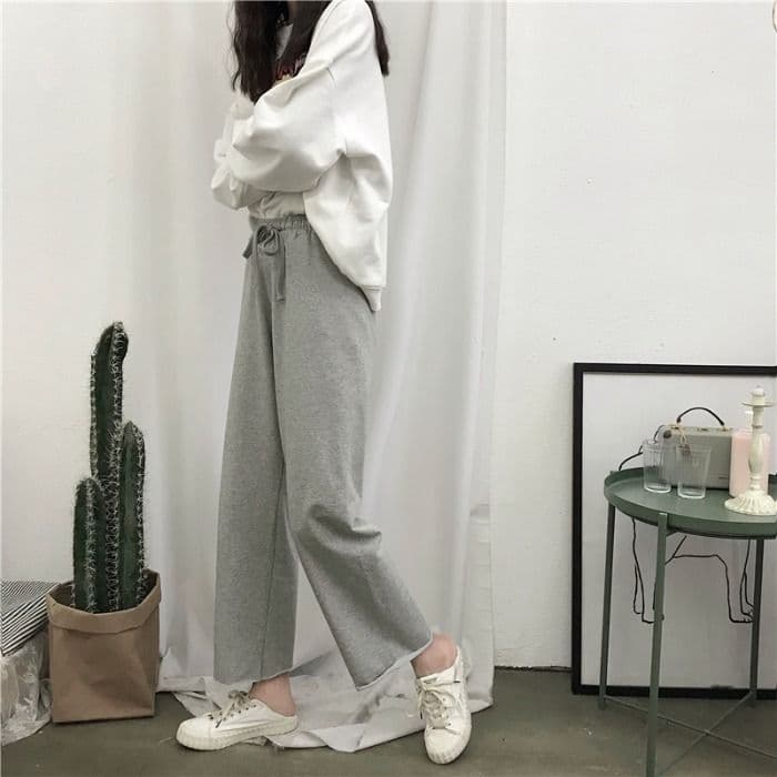 봄 새로운 한국 스타일 얇은 스타일 캐주얼 바지 루즈핏 슬림해 보이는 허리밴드 학생 다용도 스트레이트 와이드 레깅스 바지 이미지 4