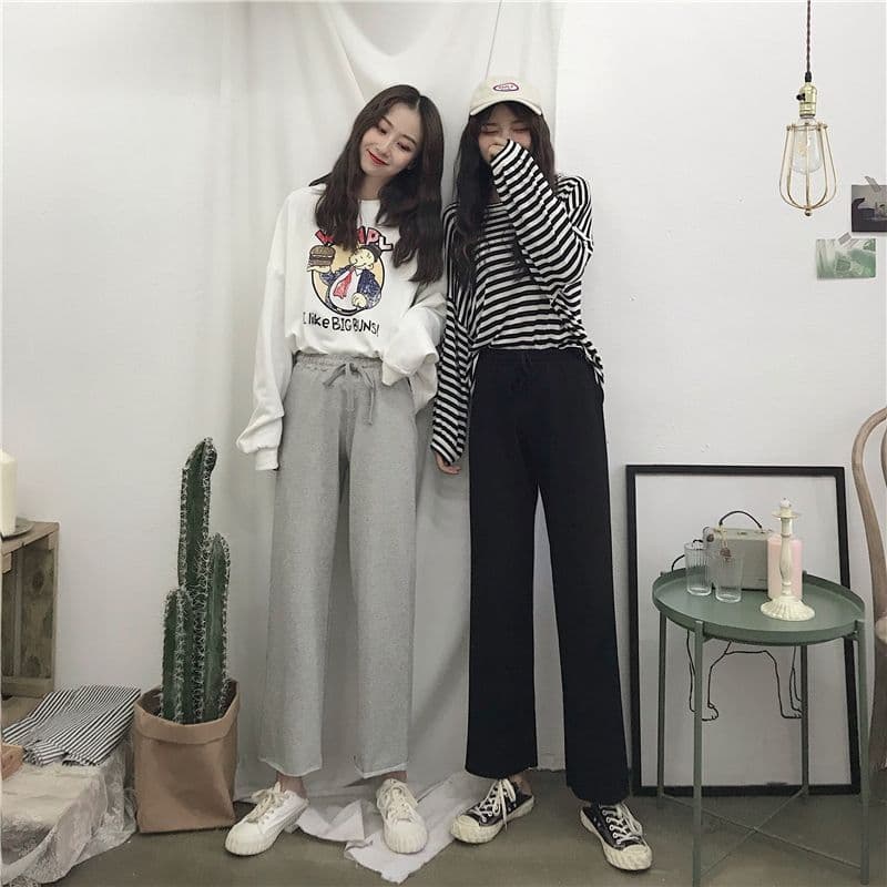 봄 새로운 한국 스타일 얇은 스타일 캐주얼 바지 루즈핏 슬림해 보이는 허리밴드 학생 다용도 스트레이트 와이드 레깅스 바지 상세 이미지 2
