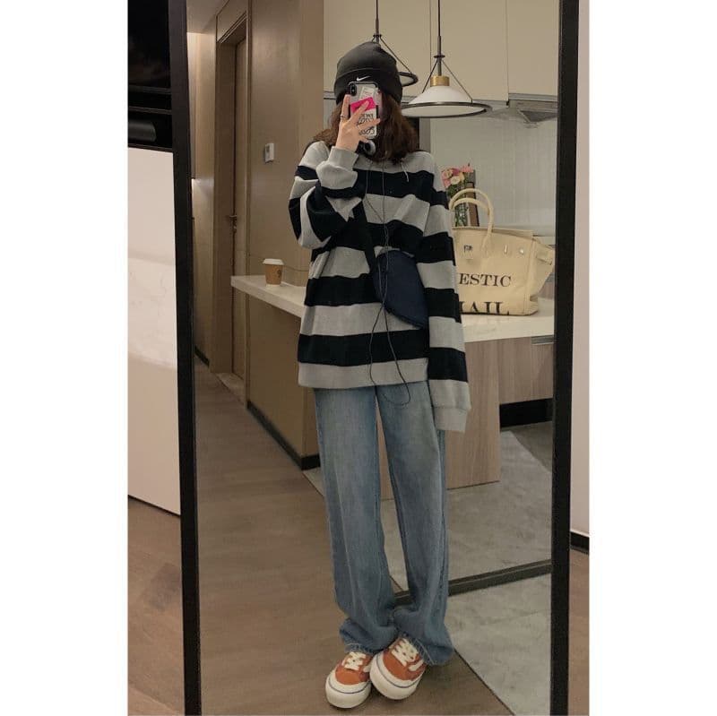폴리 에스터 물고기 규모 얇은 스타일 레트로 스트라이프 후드티 여성 가을 의상 ins 루즈핏 긴팔 라운드 넥 이미지 3