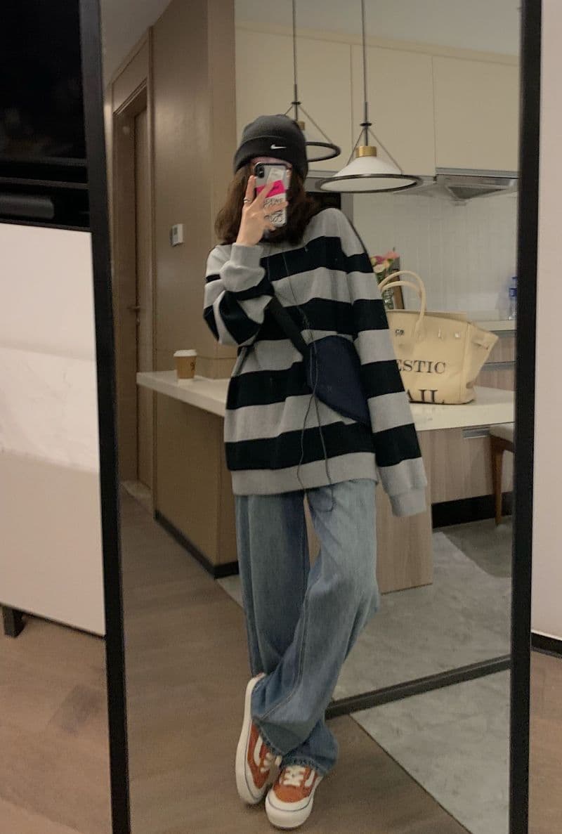 폴리 에스터 물고기 규모 얇은 스타일 레트로 스트라이프 후드티 여성 가을 의상 ins 루즈핏 긴팔 라운드 넥 이미지 4