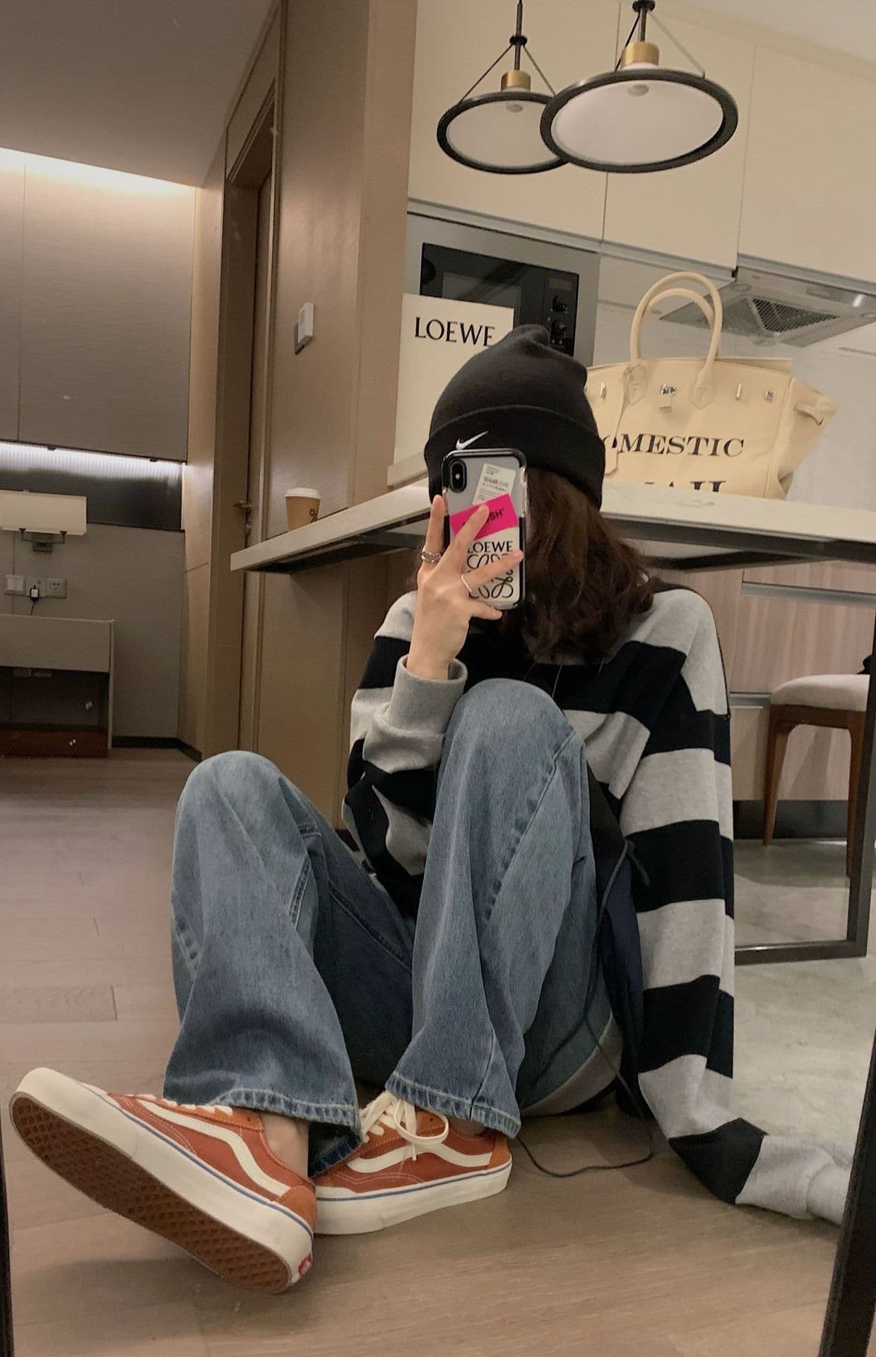 폴리 에스터 물고기 규모 얇은 스타일 레트로 스트라이프 후드티 여성 가을 의상 ins 루즈핏 긴팔 라운드 넥 상세 이미지 9