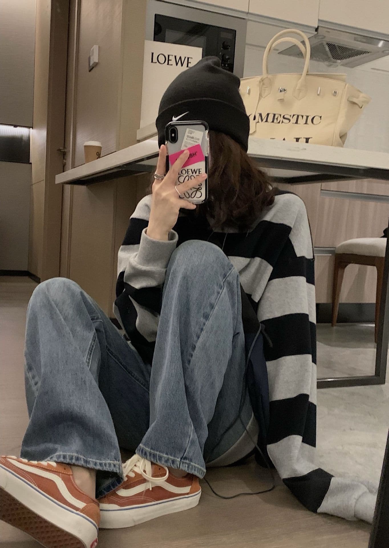폴리 에스터 물고기 규모 얇은 스타일 레트로 스트라이프 후드티 여성 가을 의상 ins 루즈핏 긴팔 라운드 넥 상세 이미지 14