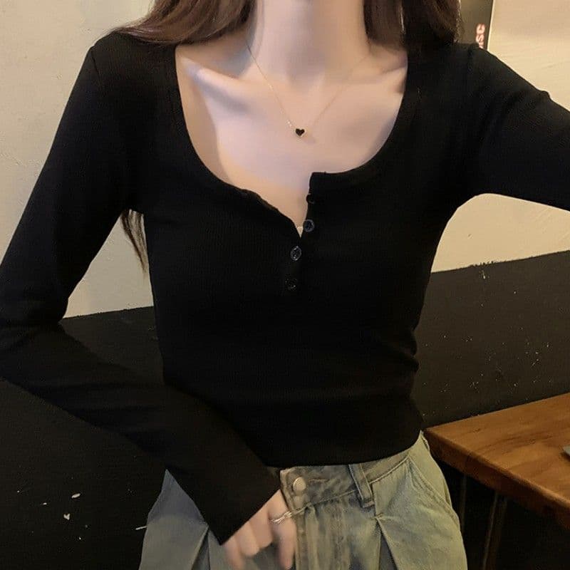 반 개방 칼라 핫걸 티셔츠 여성 기본 셔츠 이른 가을 몸매 가꾸기 리브 단추 긴팔 맨위