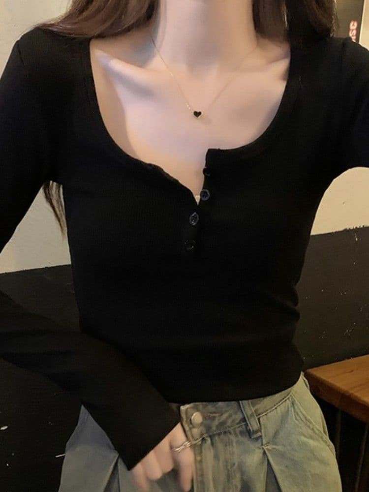 반 개방 칼라 핫걸 티셔츠 여성 기본 셔츠 이른 가을 몸매 가꾸기 리브 단추 긴팔 맨위 상세 이미지 3