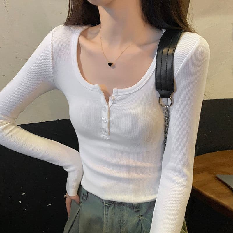 반 개방 칼라 핫걸 티셔츠 여성 기본 셔츠 이른 가을 몸매 가꾸기 리브 단추 긴팔 맨위 상세 이미지 4