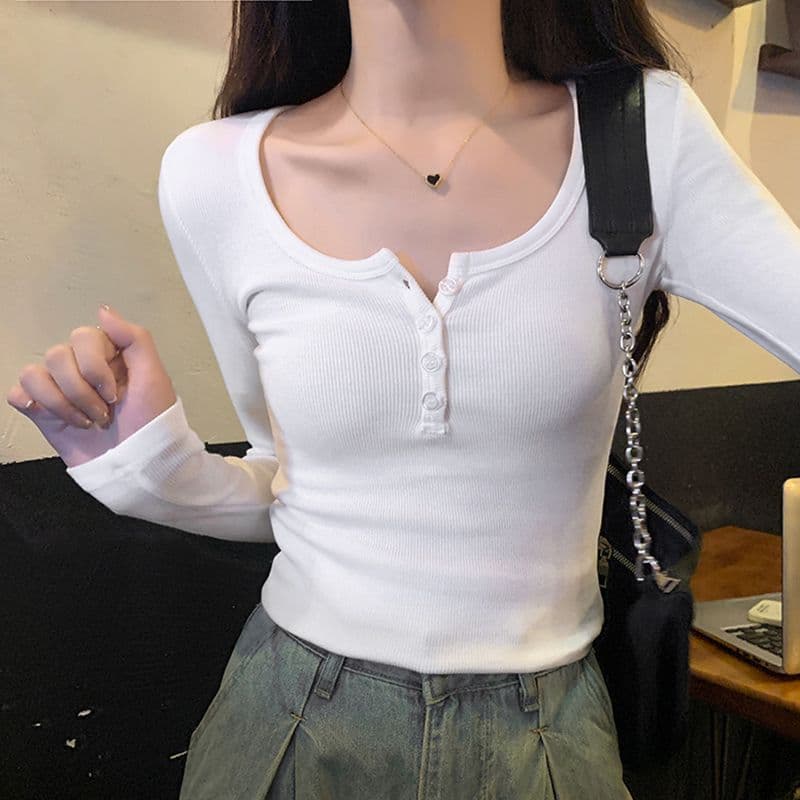 반 개방 칼라 핫걸 티셔츠 여성 기본 셔츠 이른 가을 몸매 가꾸기 리브 단추 긴팔 맨위 상세 이미지 5