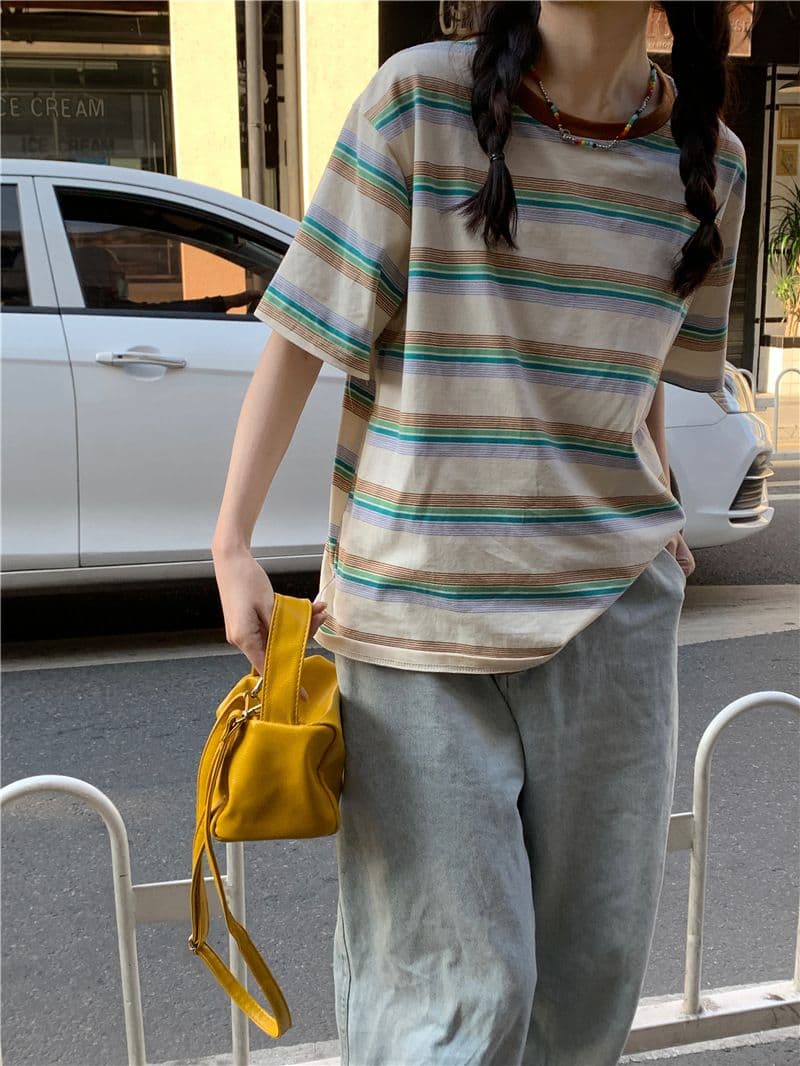 레트로 스트라이프 라운드 넥 반팔 티셔츠 여성 의류 여름 한국 스타일 루즈핏 이미지 3