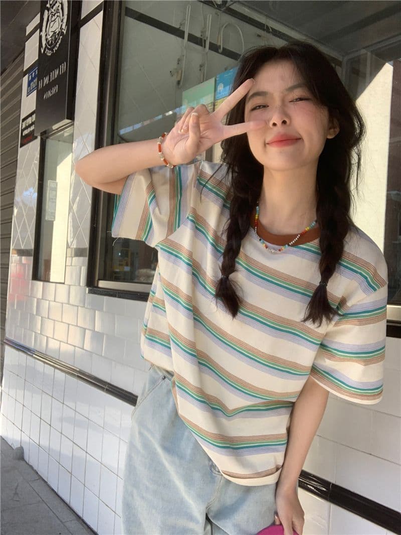 레트로 스트라이프 라운드 넥 반팔 티셔츠 여성 의류 여름 한국 스타일 루즈핏 상세 이미지 2