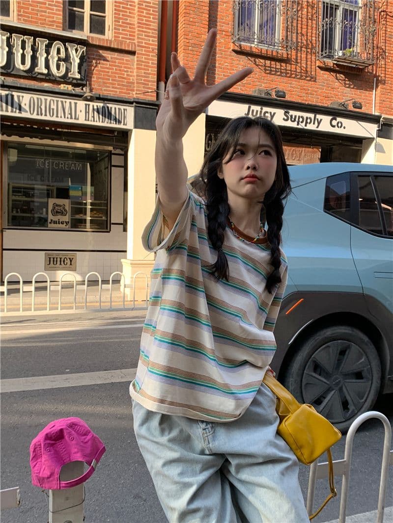 레트로 스트라이프 라운드 넥 반팔 티셔츠 여성 의류 여름 한국 스타일 루즈핏 상세 이미지 3