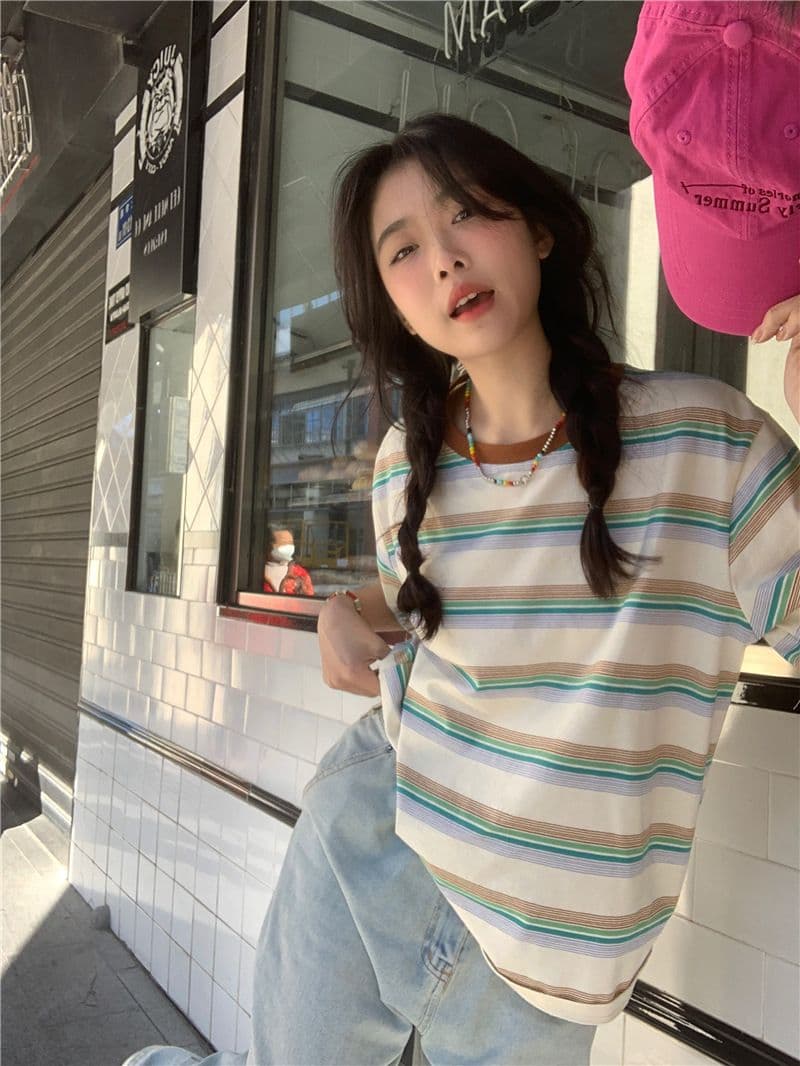 레트로 스트라이프 라운드 넥 반팔 티셔츠 여성 의류 여름 한국 스타일 루즈핏 상세 이미지 6