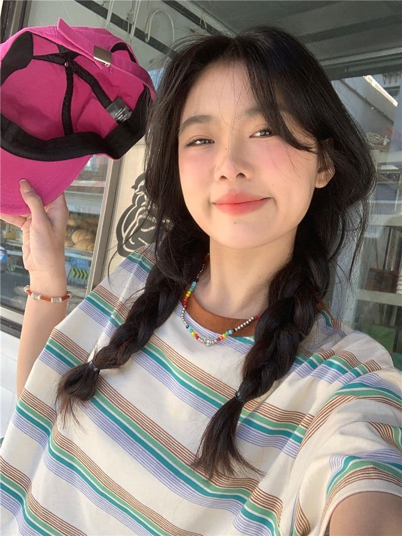 레트로 스트라이프 라운드 넥 반팔 티셔츠 여성 의류 여름 한국 스타일 루즈핏 상세 이미지 8