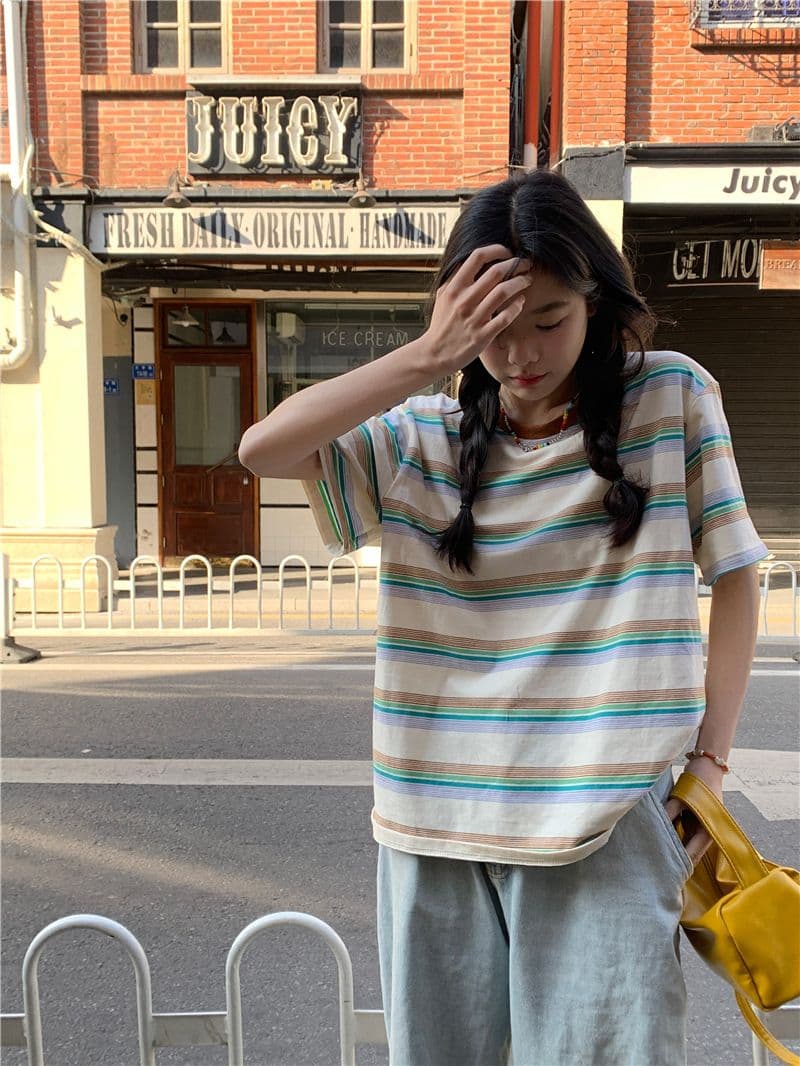 레트로 스트라이프 라운드 넥 반팔 티셔츠 여성 의류 여름 한국 스타일 루즈핏 상세 이미지 10