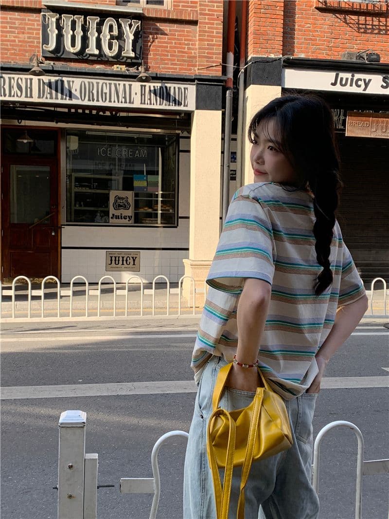 레트로 스트라이프 라운드 넥 반팔 티셔츠 여성 의류 여름 한국 스타일 루즈핏 상세 이미지 11