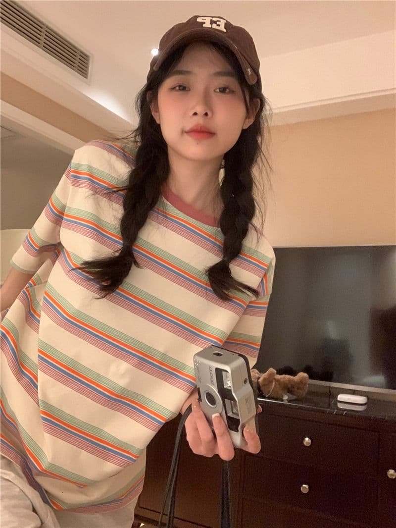 레트로 스트라이프 라운드 넥 반팔 티셔츠 여성 의류 여름 한국 스타일 루즈핏 상세 이미지 15
