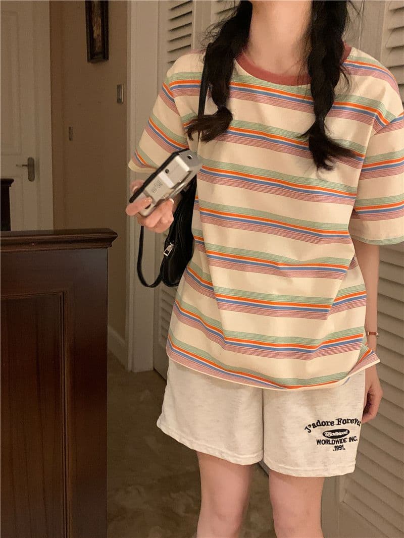 레트로 스트라이프 라운드 넥 반팔 티셔츠 여성 의류 여름 한국 스타일 루즈핏 상세 이미지 16
