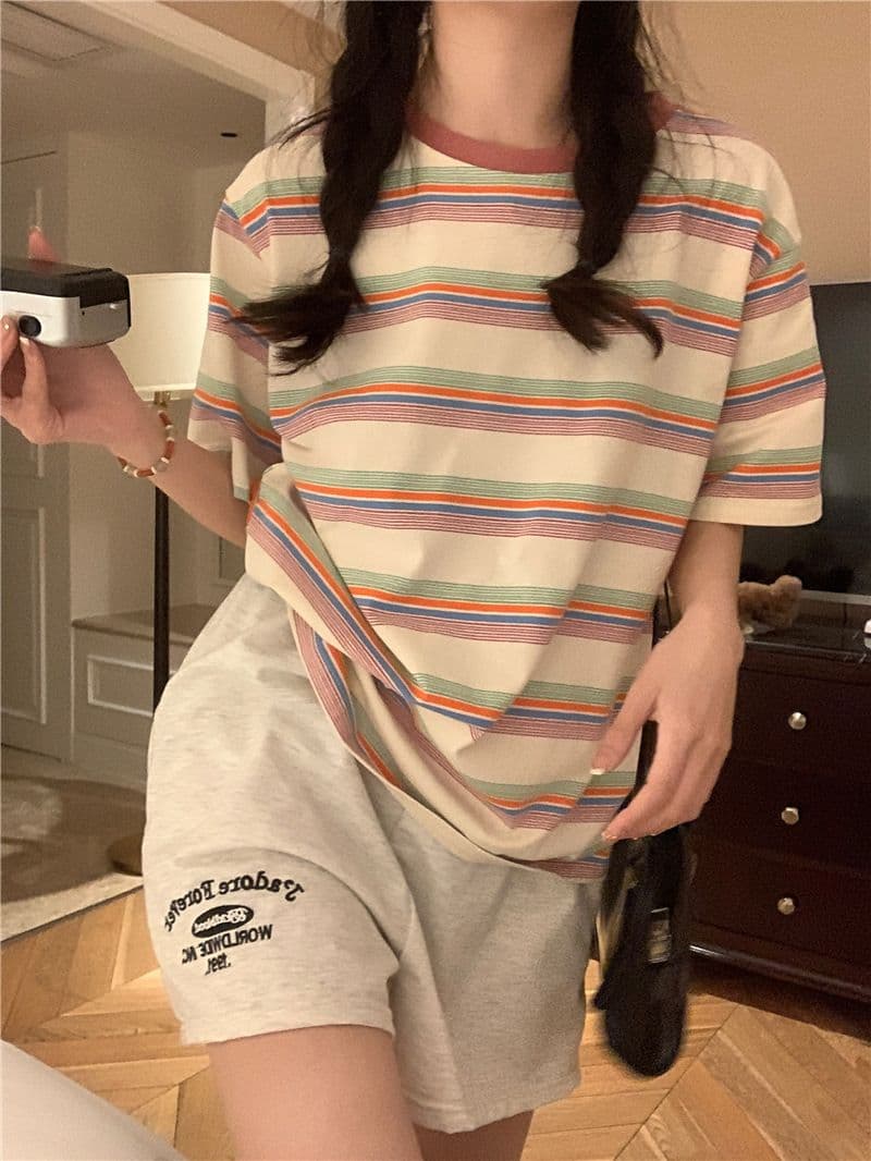 레트로 스트라이프 라운드 넥 반팔 티셔츠 여성 의류 여름 한국 스타일 루즈핏 상세 이미지 19