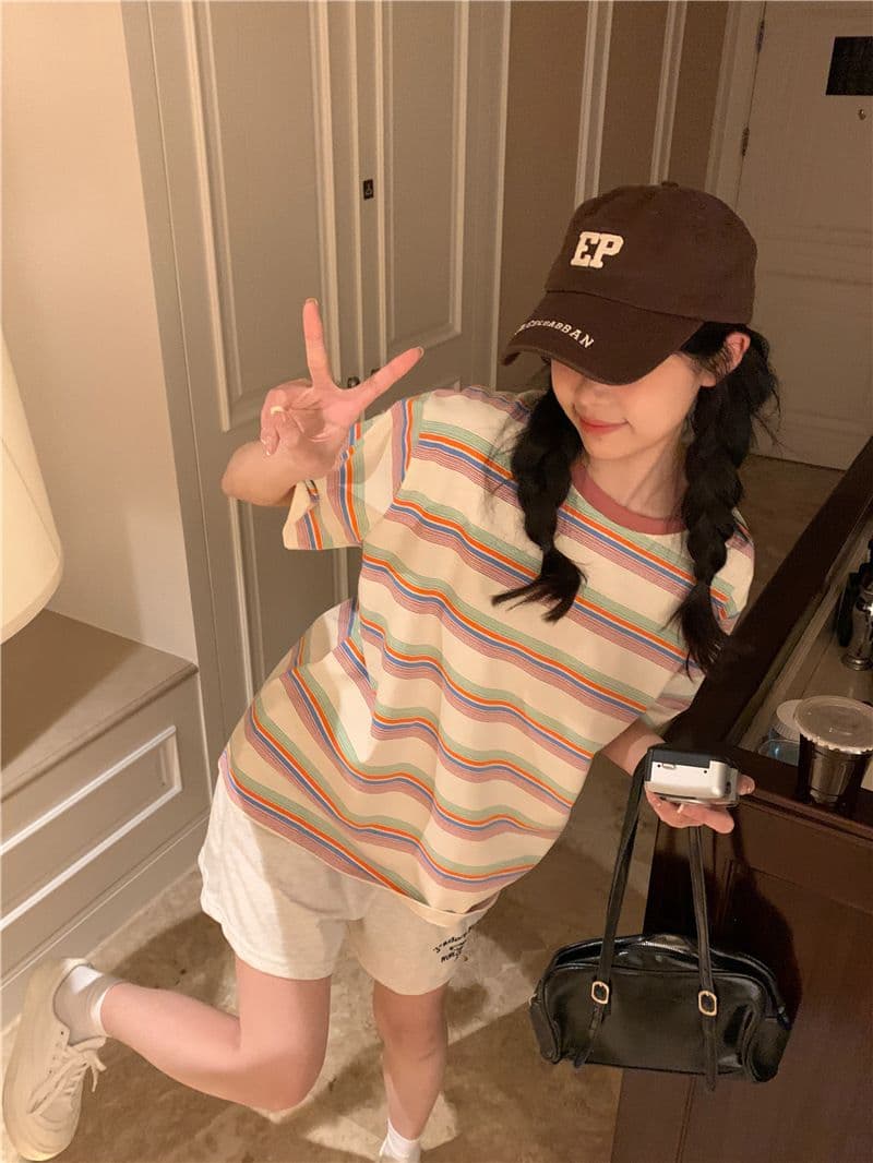 레트로 스트라이프 라운드 넥 반팔 티셔츠 여성 의류 여름 한국 스타일 루즈핏 상세 이미지 20