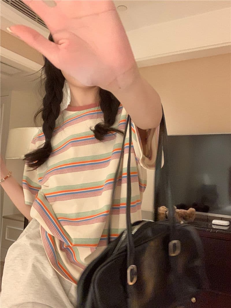 레트로 스트라이프 라운드 넥 반팔 티셔츠 여성 의류 여름 한국 스타일 루즈핏 상세 이미지 21