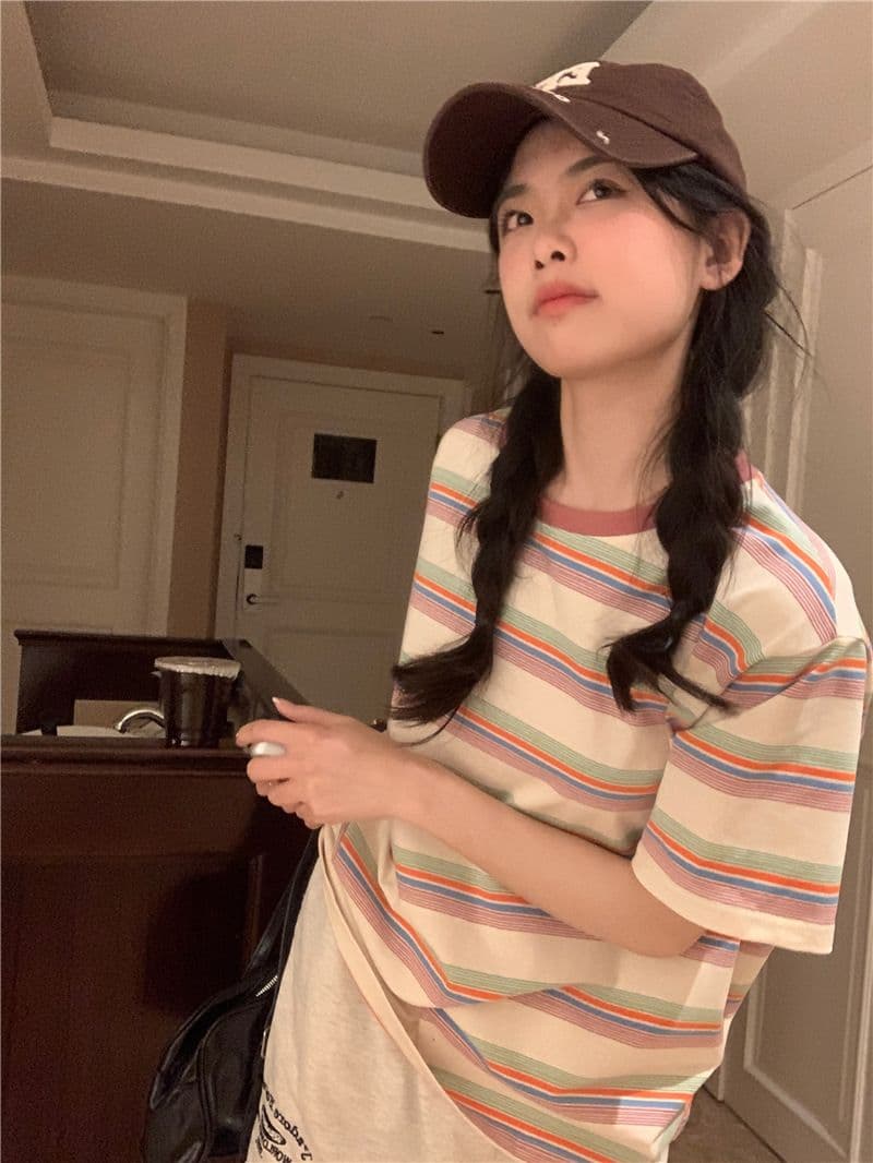 레트로 스트라이프 라운드 넥 반팔 티셔츠 여성 의류 여름 한국 스타일 루즈핏 상세 이미지 23
