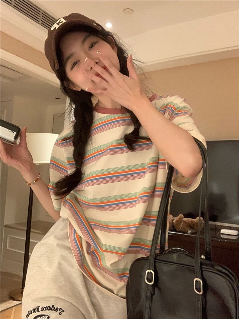 레트로 스트라이프 라운드 넥 반팔 티셔츠 여성 의류 여름 한국 스타일 루즈핏 상세 이미지 24