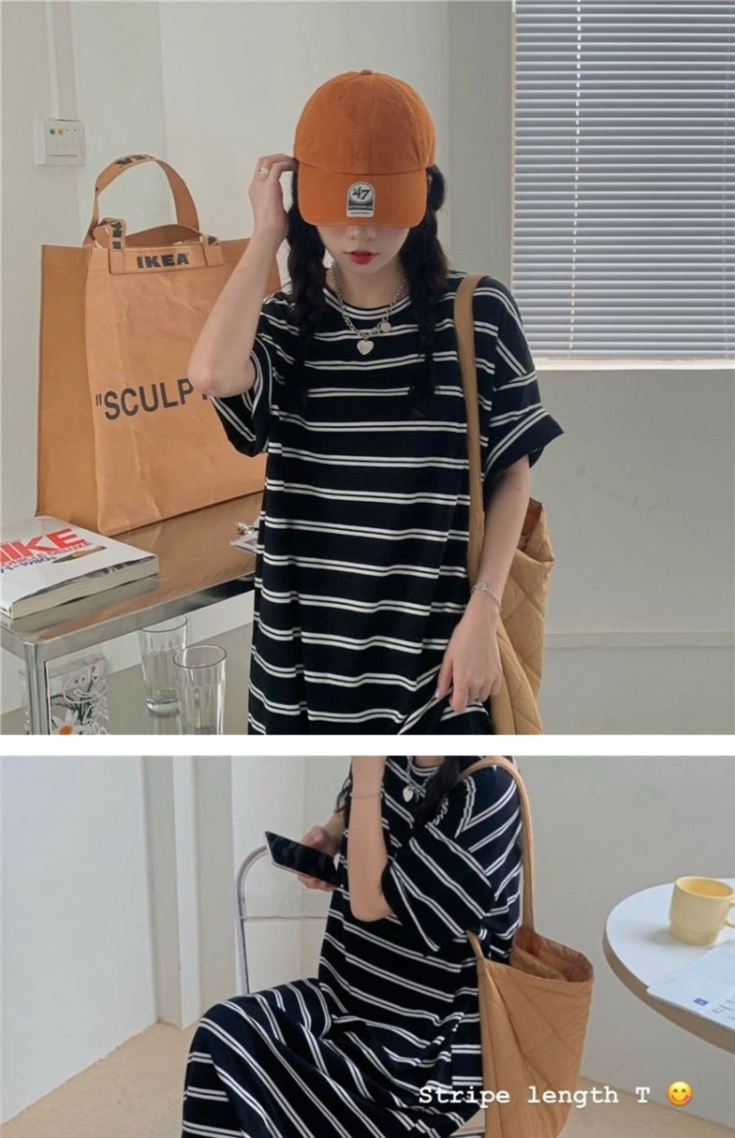 여름 작은 샤넬 스타일 스트라이프 여성 드레스 한국 스타일 루즈핏 캐주얼 티셔츠 루즈핏 롱 스커트 상세 이미지 2