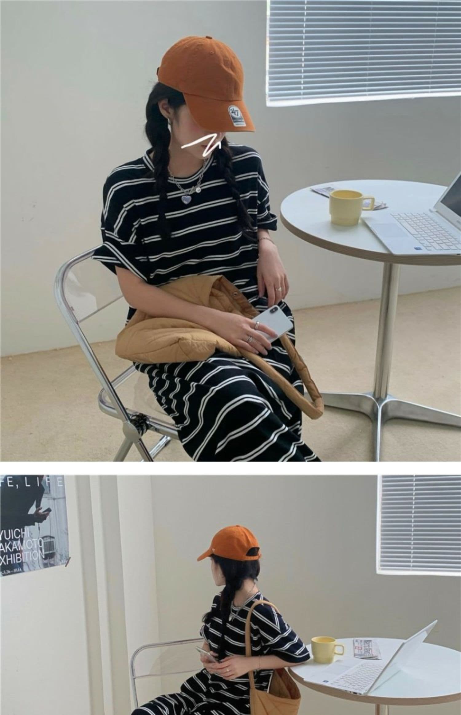 여름 작은 샤넬 스타일 스트라이프 여성 드레스 한국 스타일 루즈핏 캐주얼 티셔츠 루즈핏 롱 스커트 상세 이미지 5