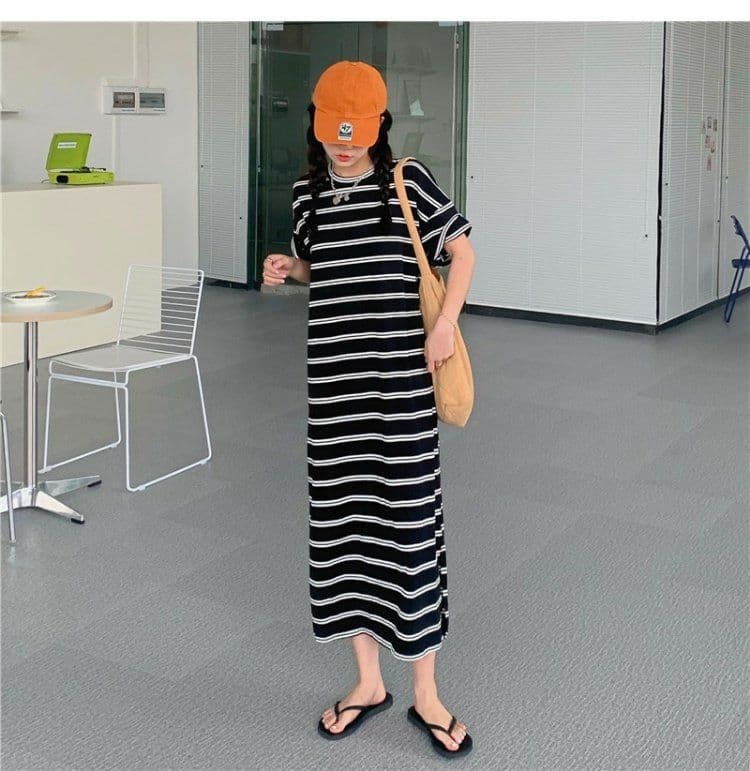 여름 작은 샤넬 스타일 스트라이프 여성 드레스 한국 스타일 루즈핏 캐주얼 티셔츠 루즈핏 롱 스커트 상세 이미지 13