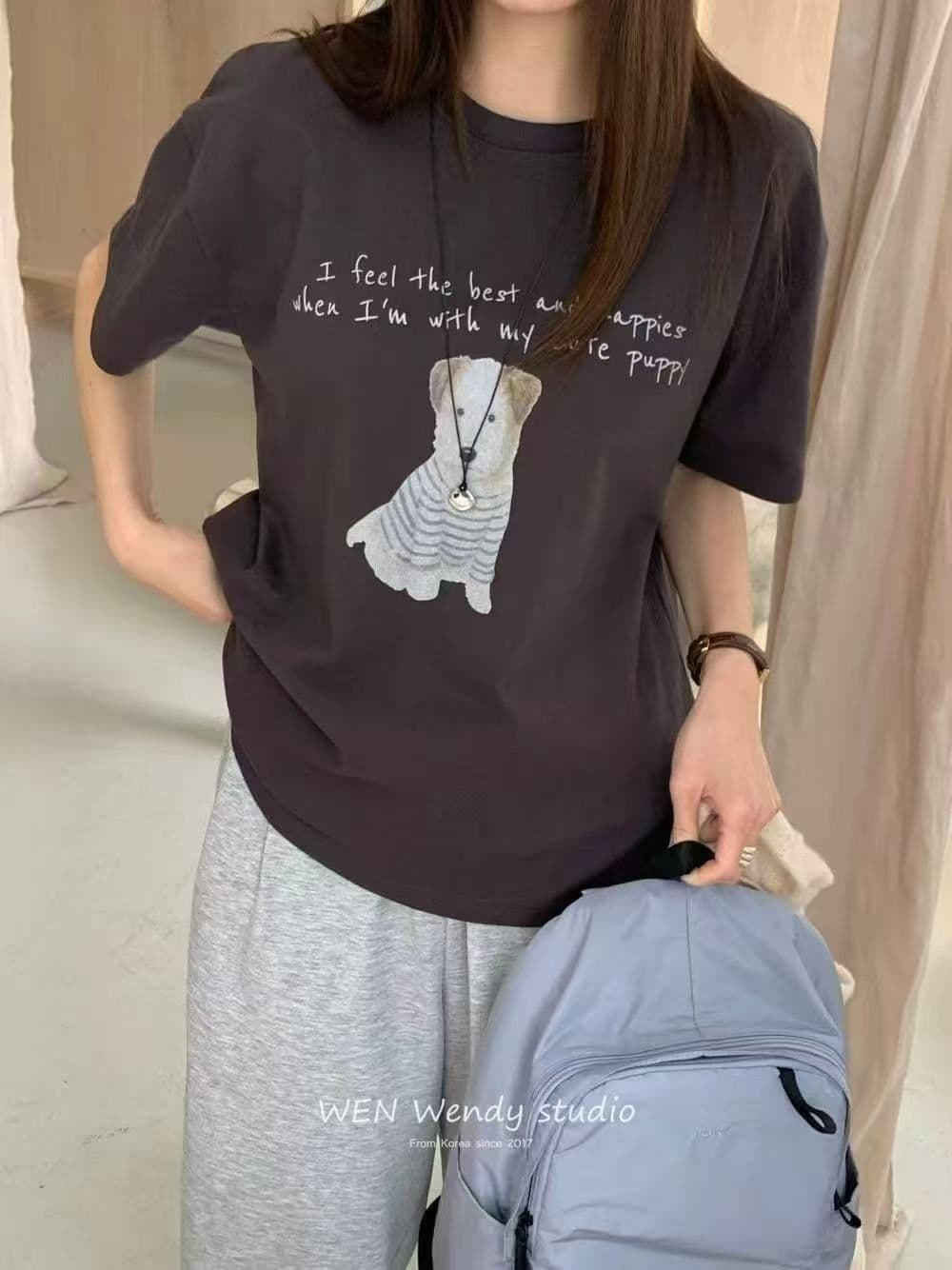 한 부서 동대문 새로운 재미있는 강아지 프린트 느긋한 바람 반팔 티셔츠 맨위 이미지 2