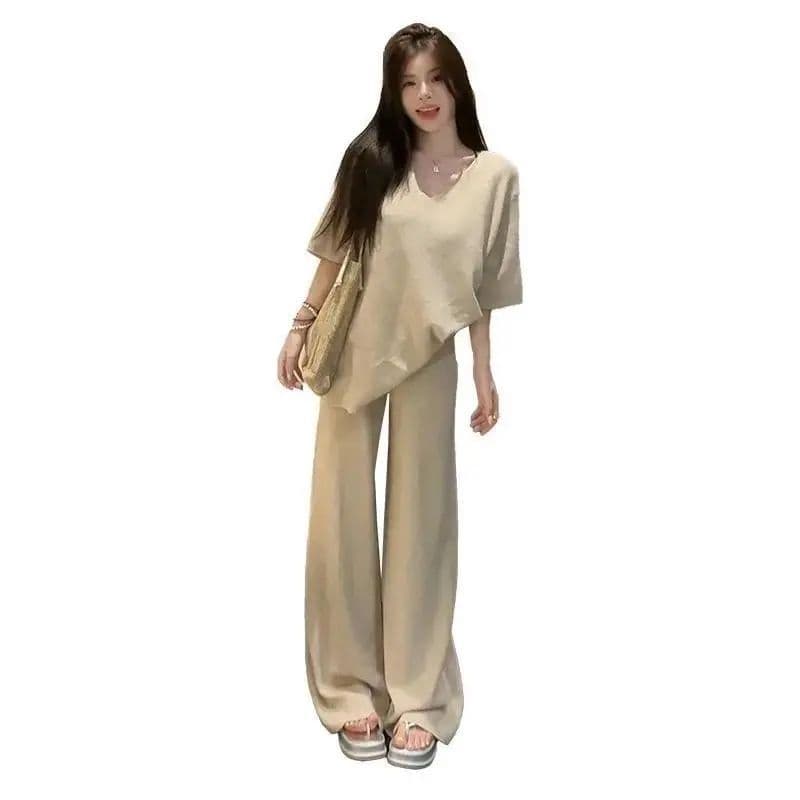 여름 새로운 빅 사이즈 품격 슬림해 보이는 V넥 반팔 허리밴드 스트레이트 넓은 다리 한 부서 투피스 세트 이미지 5