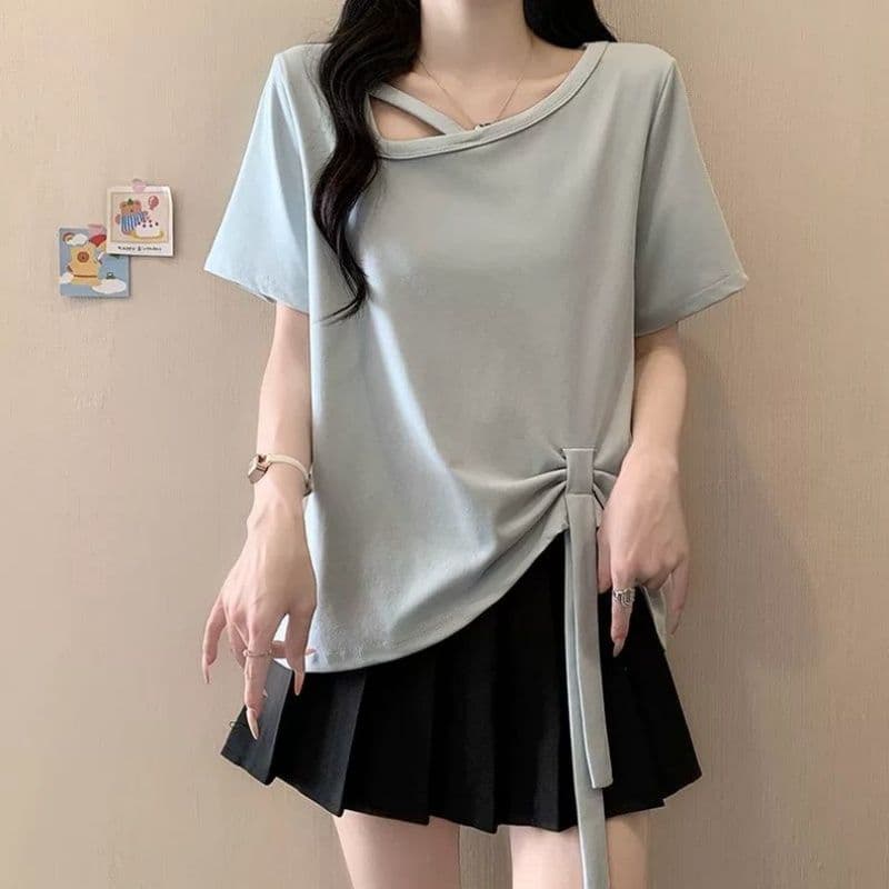 원본 품질 사람들 면 260 그램 빅 사이즈 비스듬한 칼라 비틀림 반팔 티셔츠 여름 불규칙 리본 여성 셔츠 이미지 3