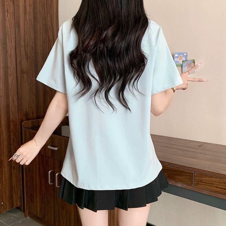 원본 품질 사람들 면 260 그램 빅 사이즈 비스듬한 칼라 비틀림 반팔 티셔츠 여름 불규칙 리본 여성 셔츠 상세 이미지 3